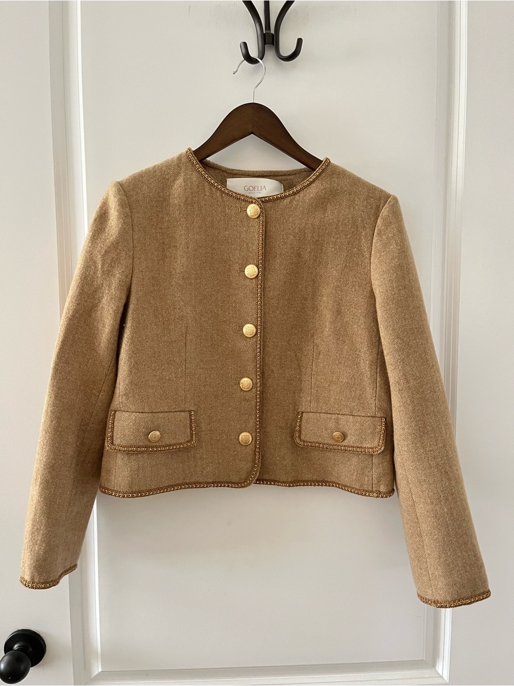 Goelia Camel Cropped Button Wool Jacket